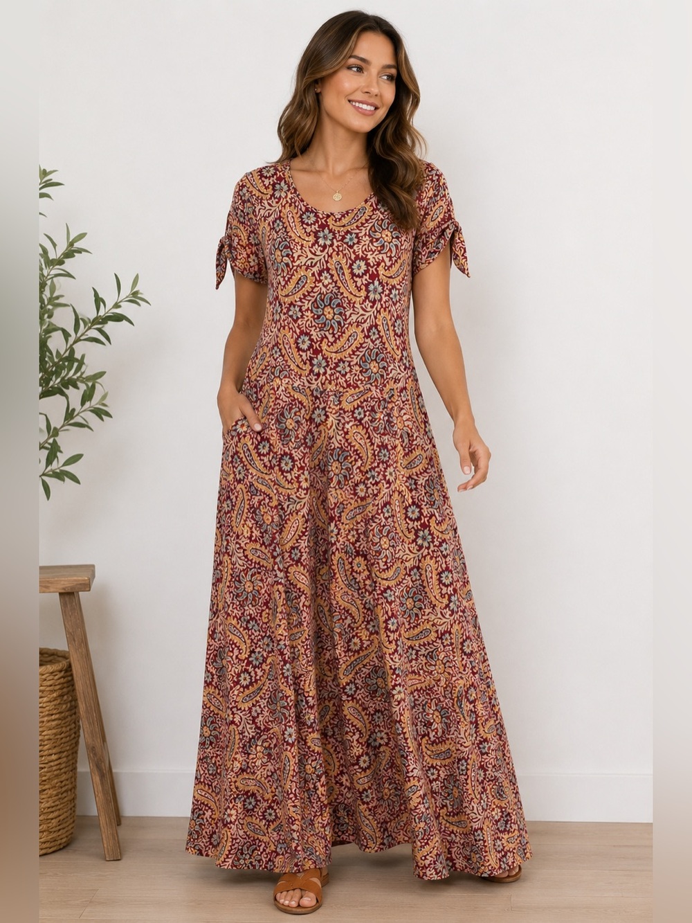 Chaps Dress Womens XL Paisley Maxi Short Sleeve Boho Red Floral Cottagecore